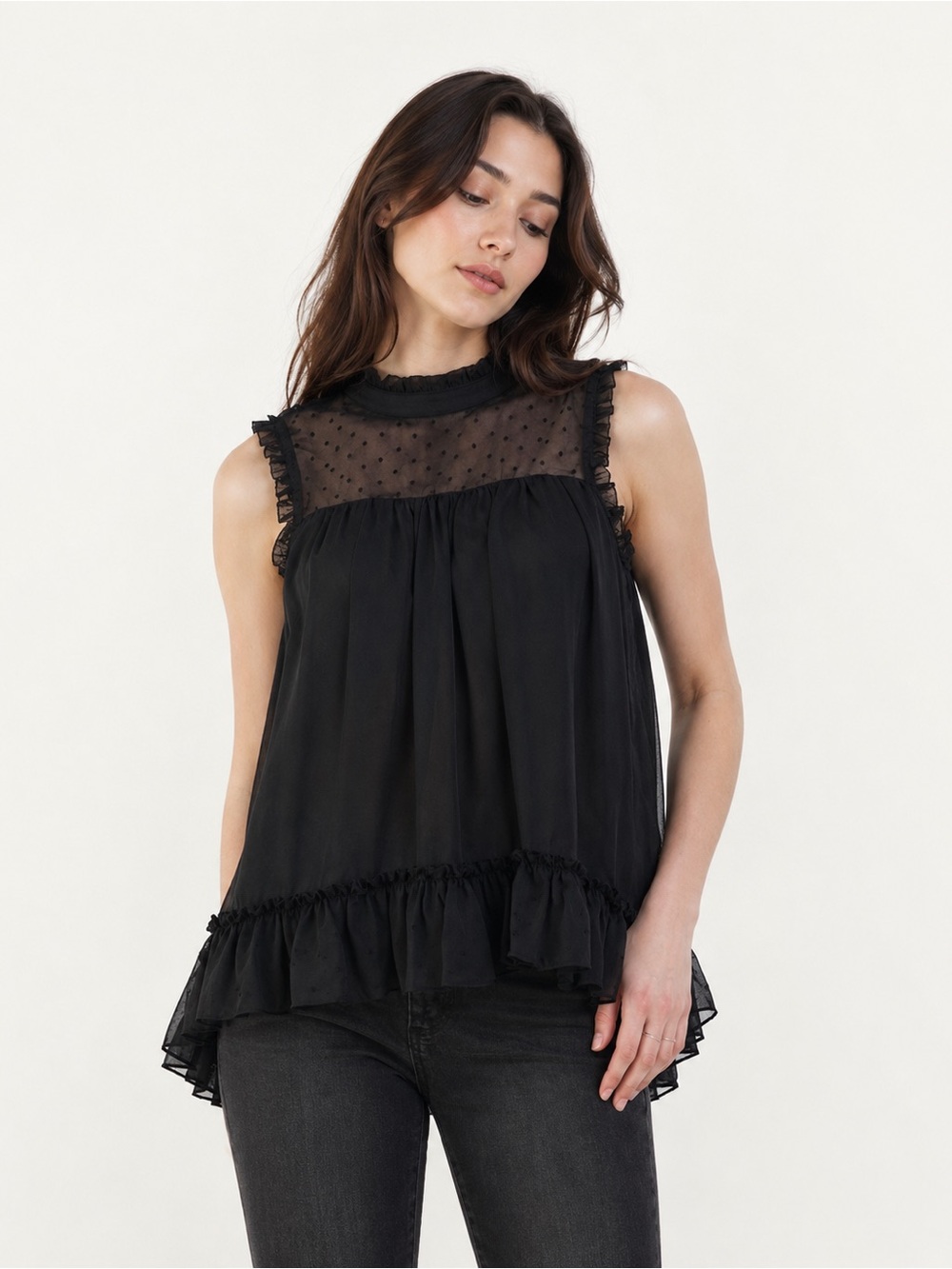 NWT Fabric Mache Black High Low Ruffle Blouse Mesh Small